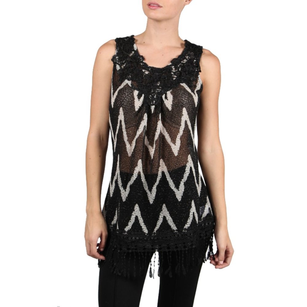RYU sheer lace sleeveless black and cream top